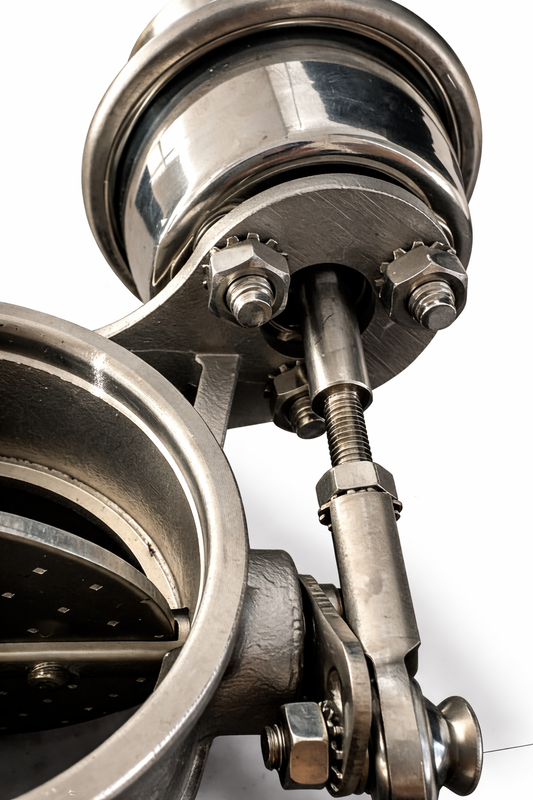 Close-up of vacuum actuator linkage on 304 stainless steel exhaust valve